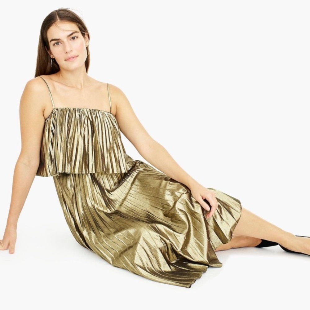 NWT J. Crew gold pleated Goma midi dress, size 16